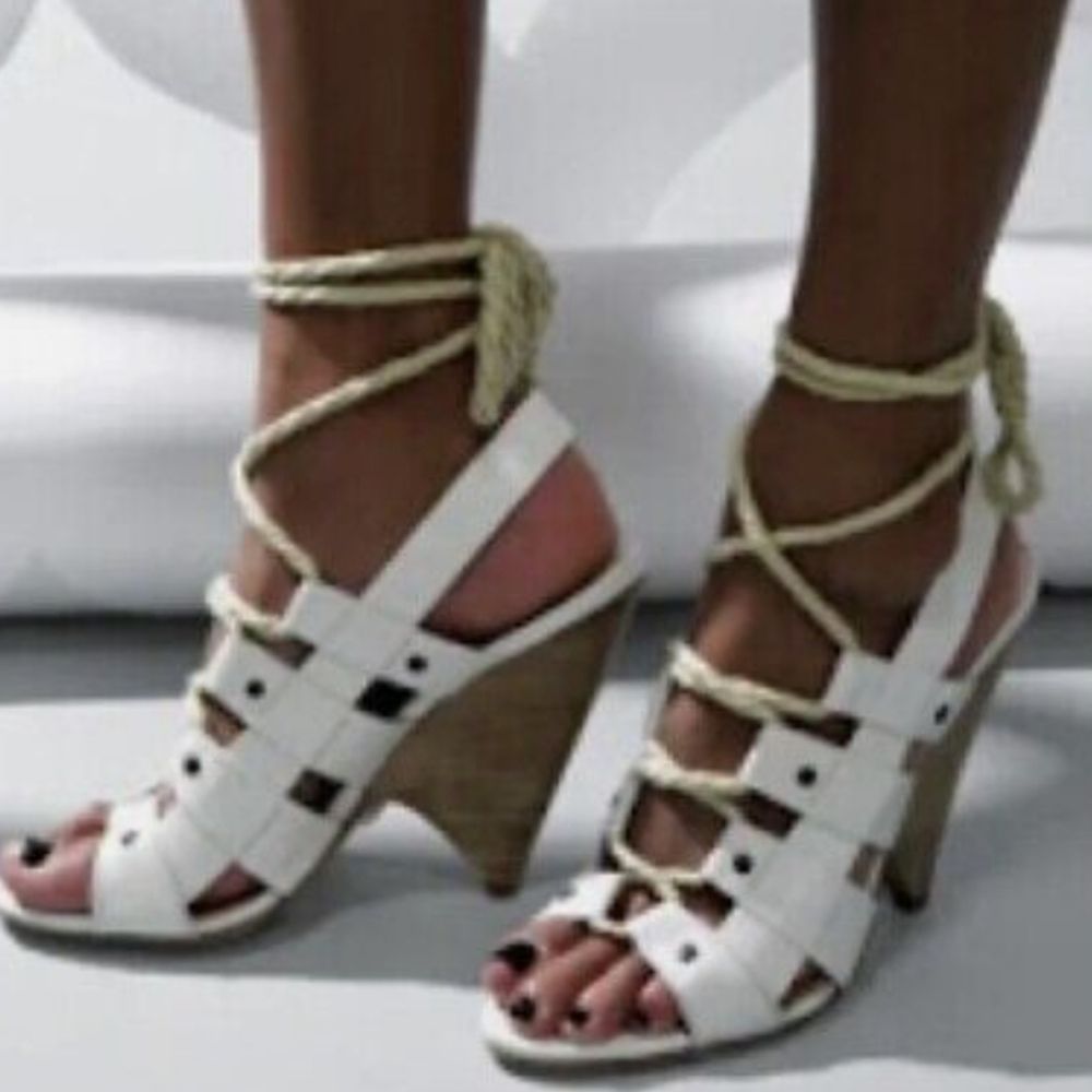 L.A.M.B. Gwen Stefani Brown Leather Lace Up Wedge Gladiator Sandals 7.5M EUC!